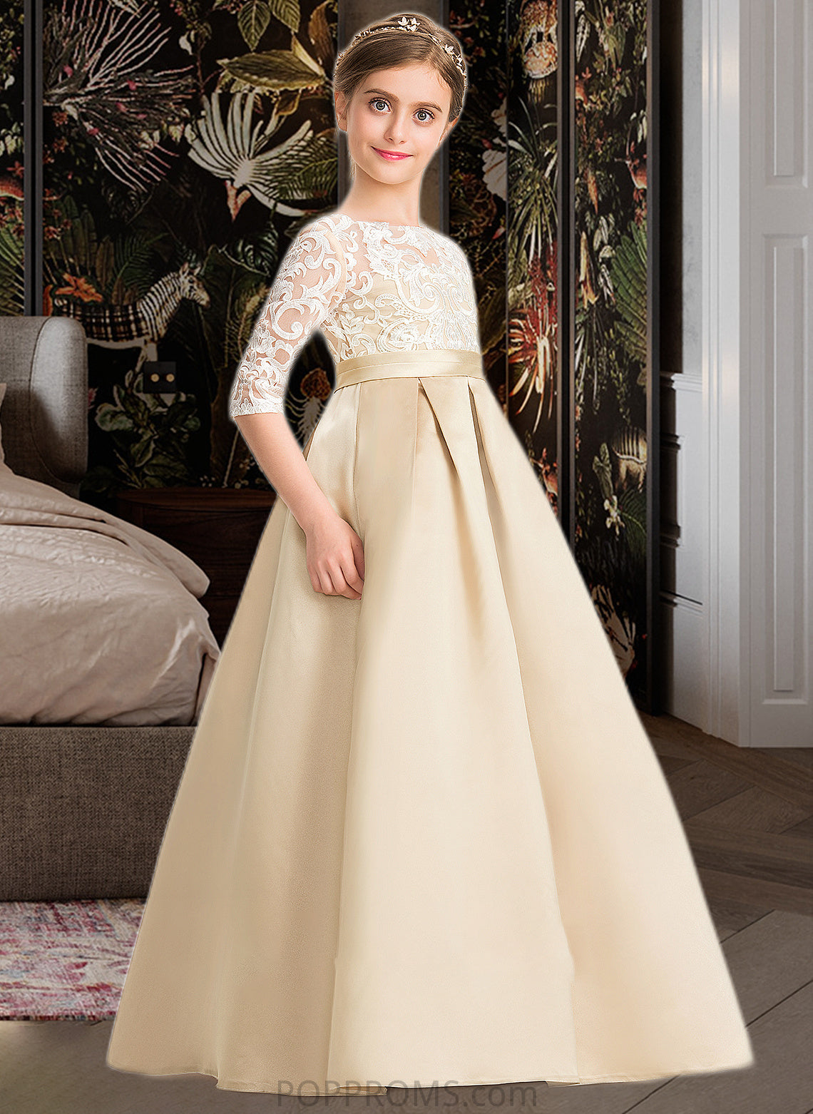 Kira Ball-Gown/Princess Scoop Neck Floor-Length Satin Lace Junior Bridesmaid Dress PP6P0013498