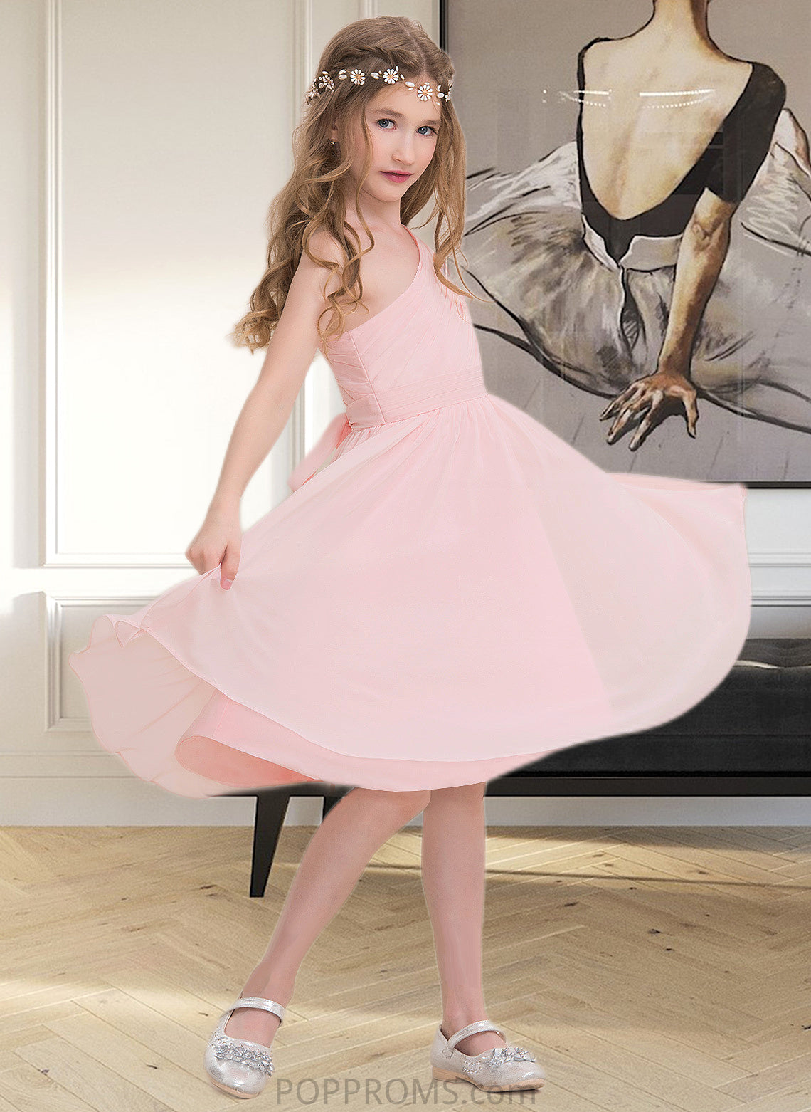 Monserrat A-Line One-Shoulder Knee-Length Chiffon Junior Bridesmaid Dress With Ruffle PP6P0013499