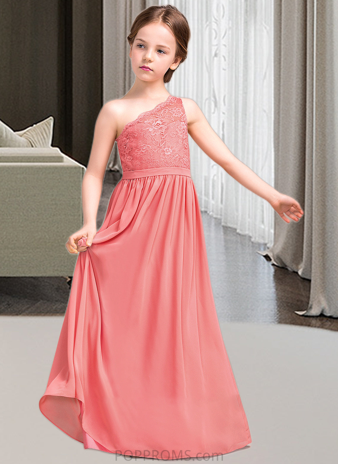 Audrina A-Line One-Shoulder Floor-Length Chiffon Lace Junior Bridesmaid Dress PP6P0013500