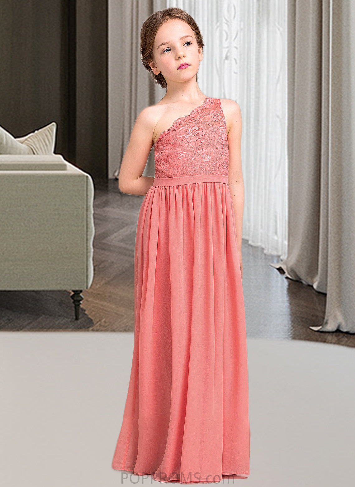 Audrina A-Line One-Shoulder Floor-Length Chiffon Lace Junior Bridesmaid Dress PP6P0013500