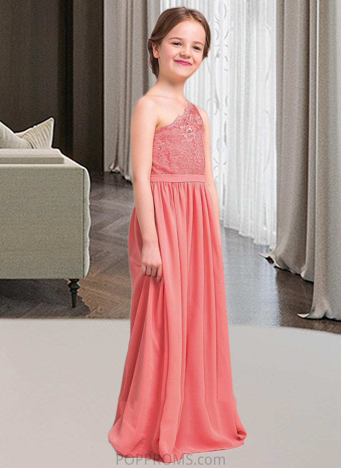 Audrina A-Line One-Shoulder Floor-Length Chiffon Lace Junior Bridesmaid Dress PP6P0013500