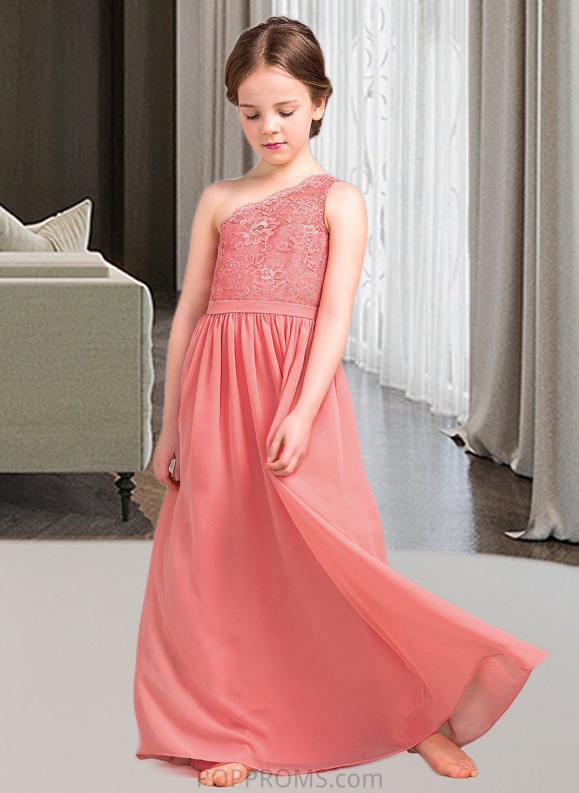 Audrina A-Line One-Shoulder Floor-Length Chiffon Lace Junior Bridesmaid Dress PP6P0013500