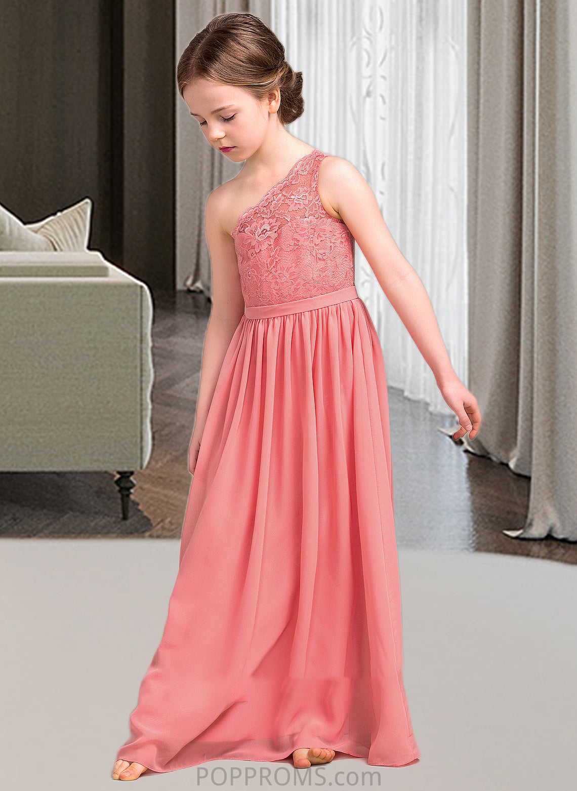 Audrina A-Line One-Shoulder Floor-Length Chiffon Lace Junior Bridesmaid Dress PP6P0013500