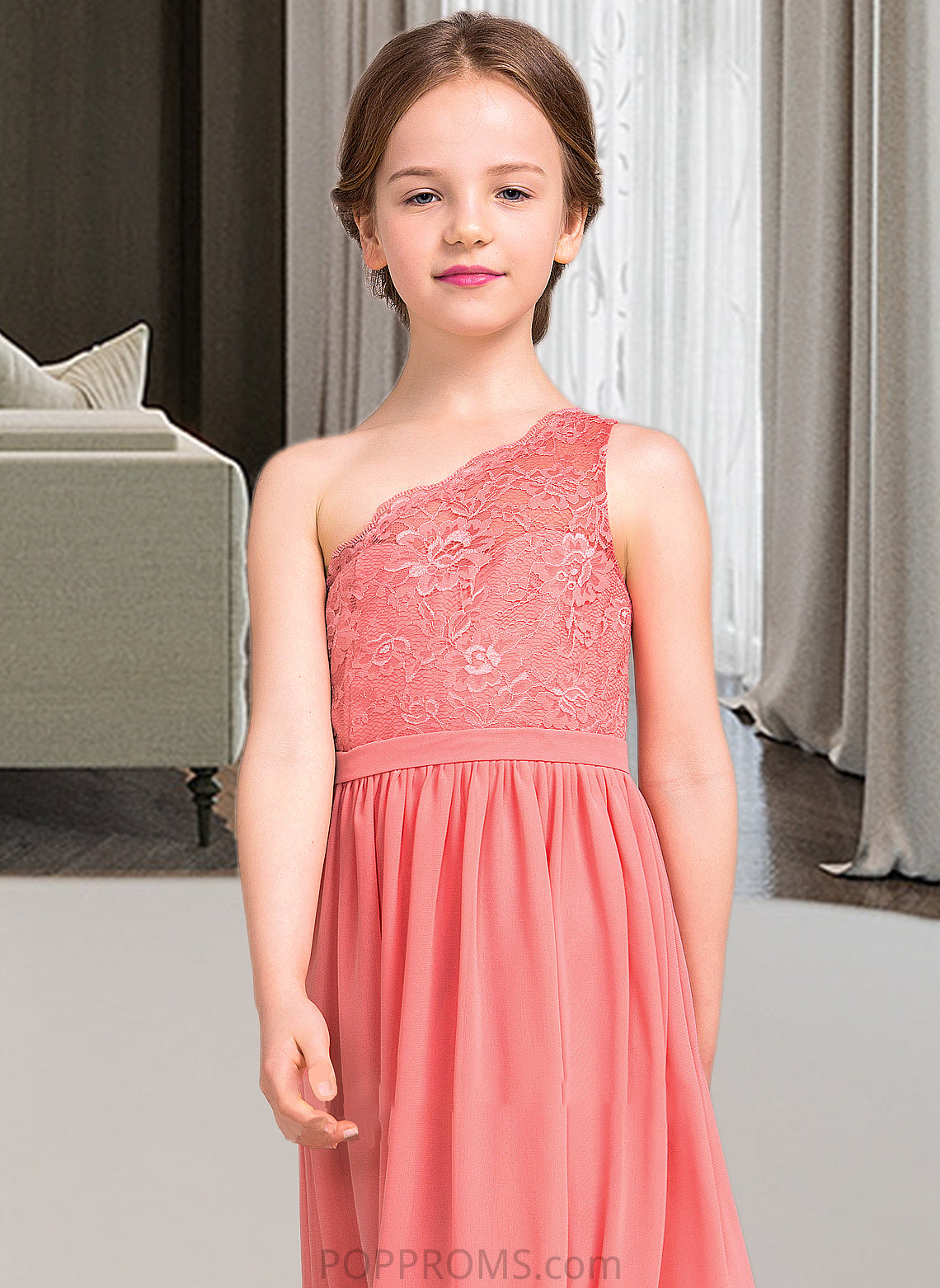 Audrina A-Line One-Shoulder Floor-Length Chiffon Lace Junior Bridesmaid Dress PP6P0013500