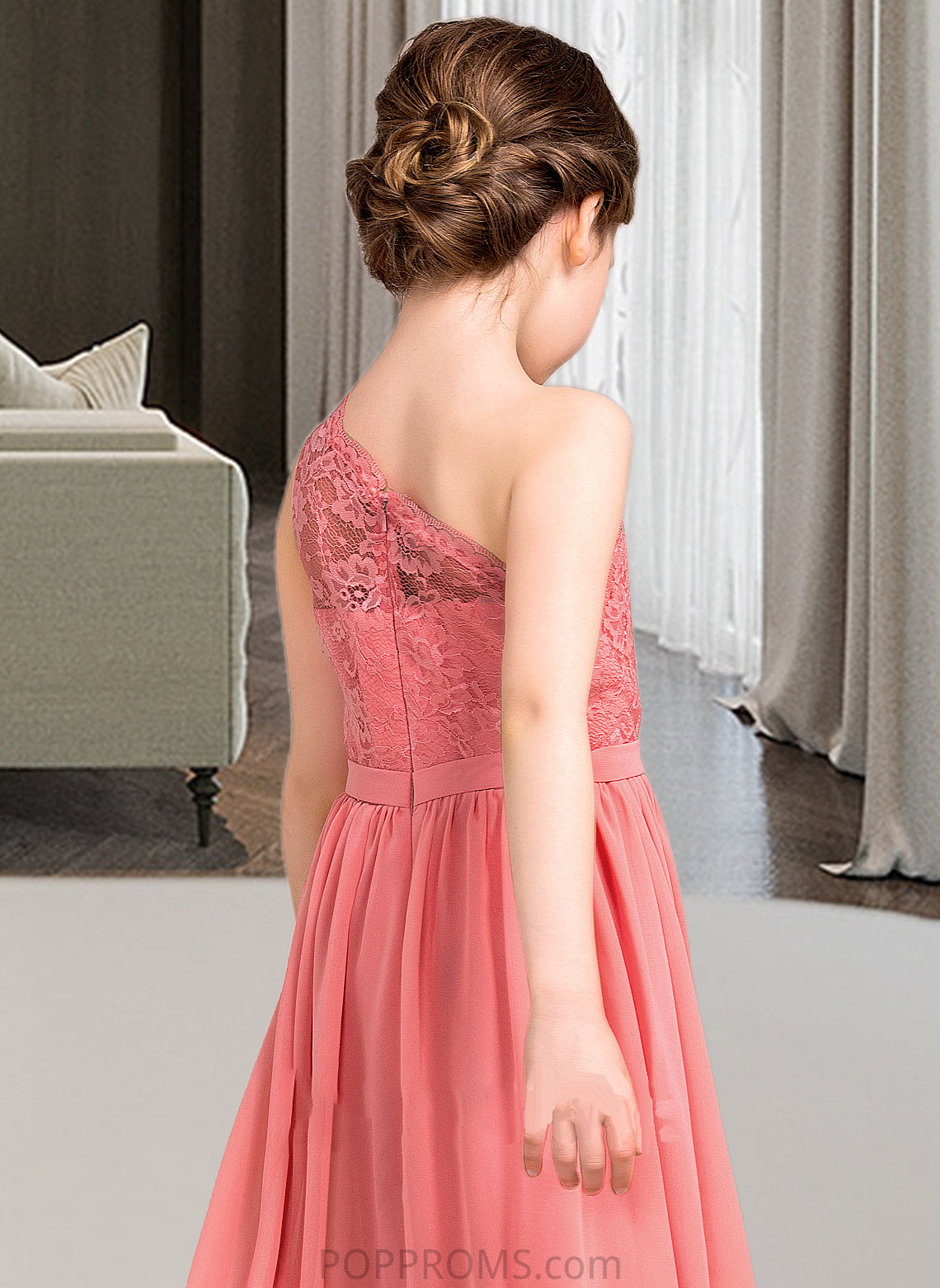 Audrina A-Line One-Shoulder Floor-Length Chiffon Lace Junior Bridesmaid Dress PP6P0013500