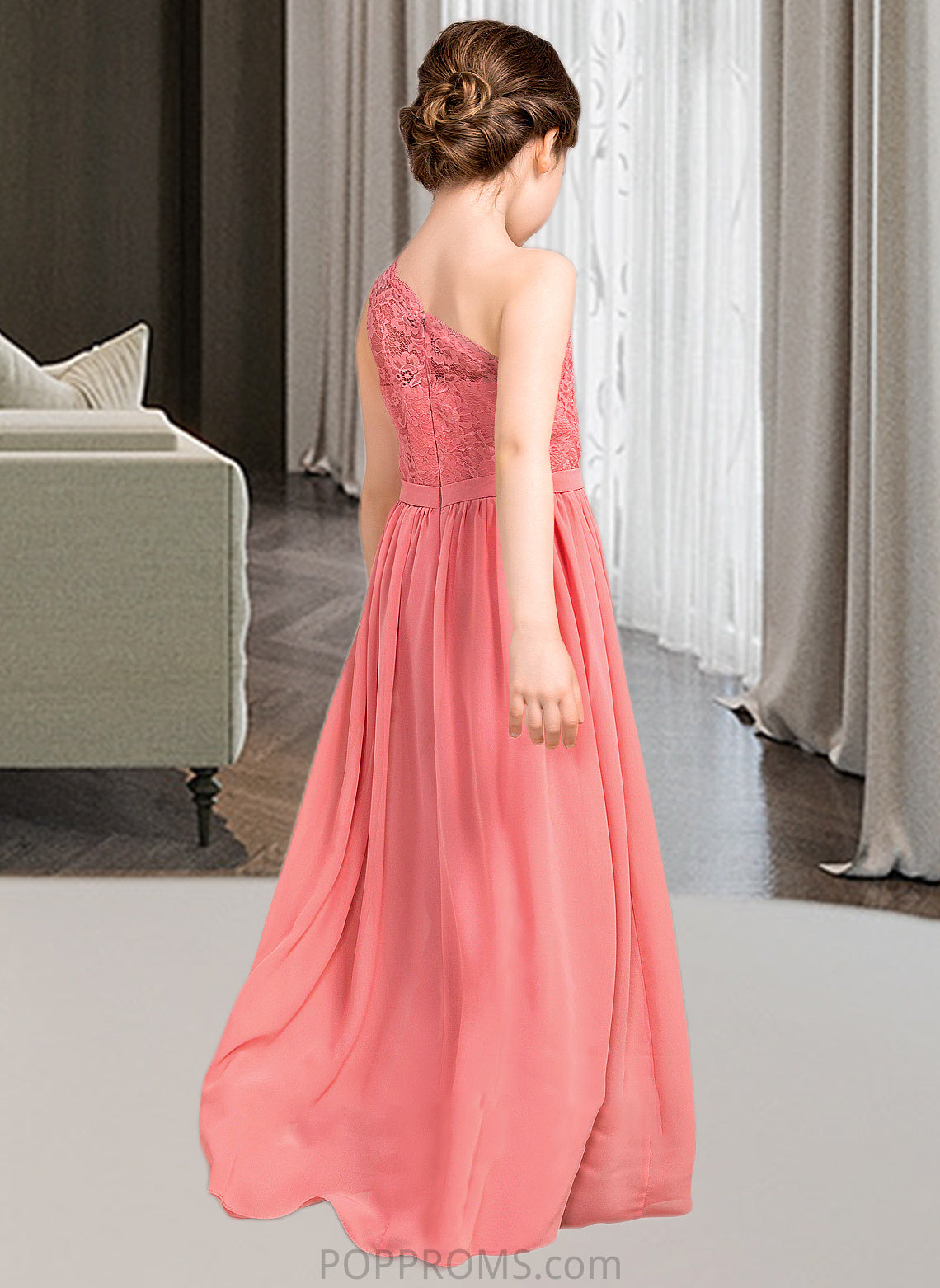 Audrina A-Line One-Shoulder Floor-Length Chiffon Lace Junior Bridesmaid Dress PP6P0013500