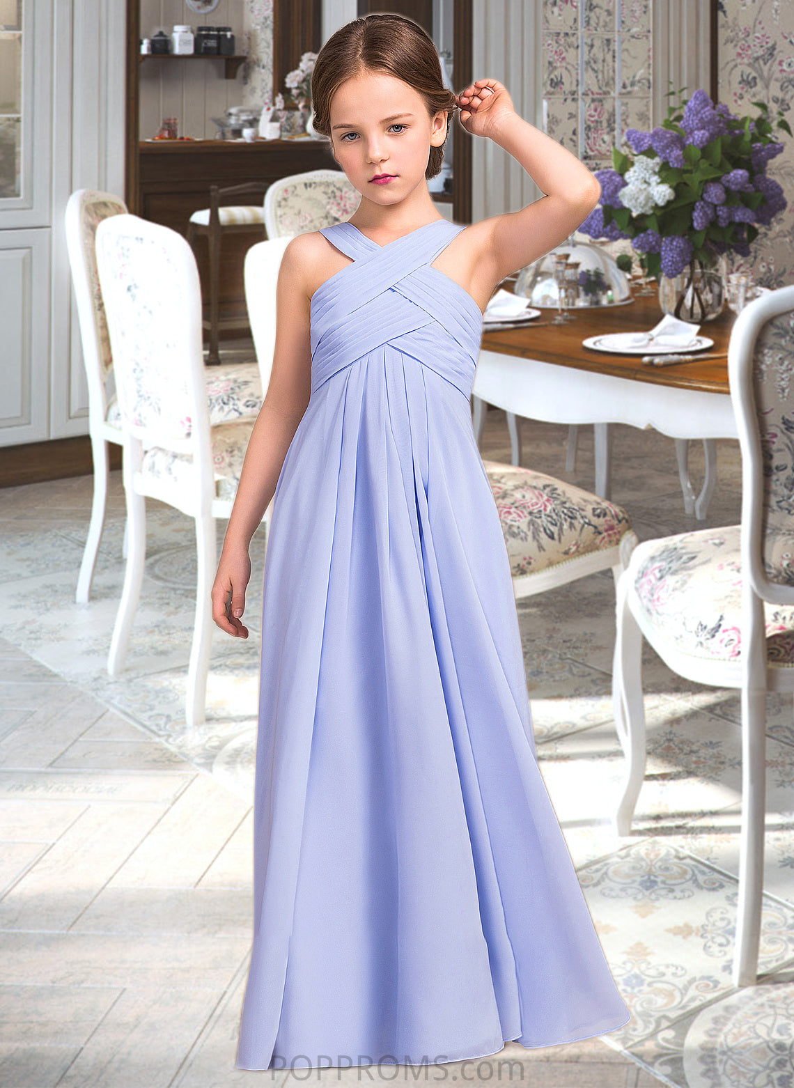 Persis A-Line V-neck Floor-Length Chiffon Junior Bridesmaid Dress With Ruffle PP6P0013501