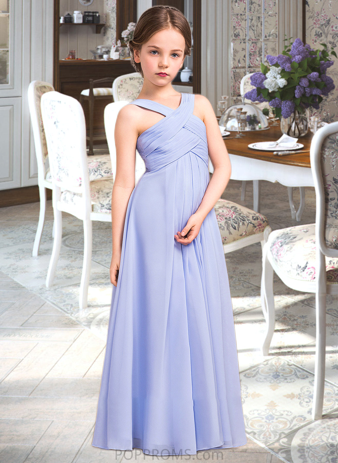 Persis A-Line V-neck Floor-Length Chiffon Junior Bridesmaid Dress With Ruffle PP6P0013501