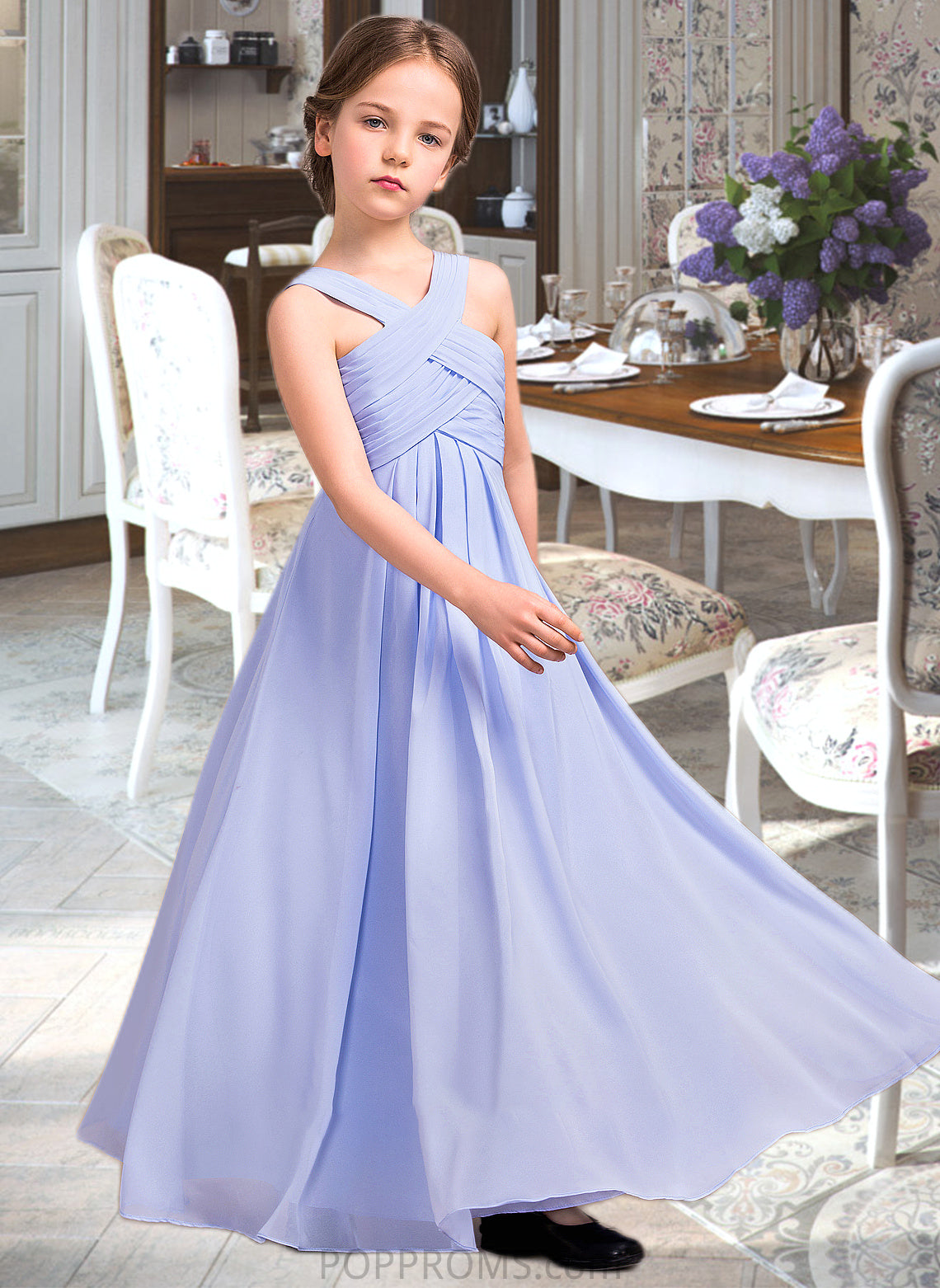 Persis A-Line V-neck Floor-Length Chiffon Junior Bridesmaid Dress With Ruffle PP6P0013501