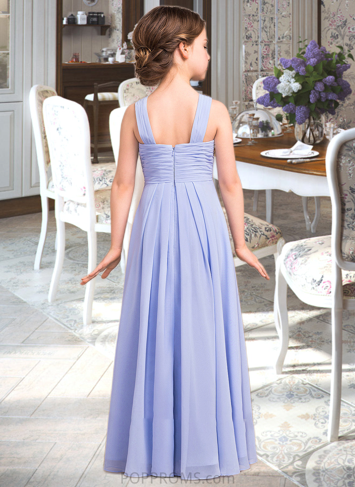 Persis A-Line V-neck Floor-Length Chiffon Junior Bridesmaid Dress With Ruffle PP6P0013501