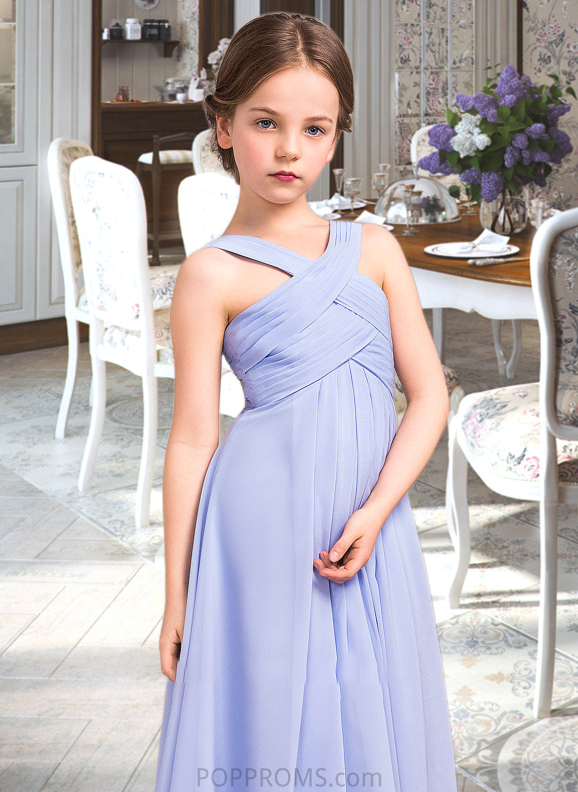 Persis A-Line V-neck Floor-Length Chiffon Junior Bridesmaid Dress With Ruffle PP6P0013501