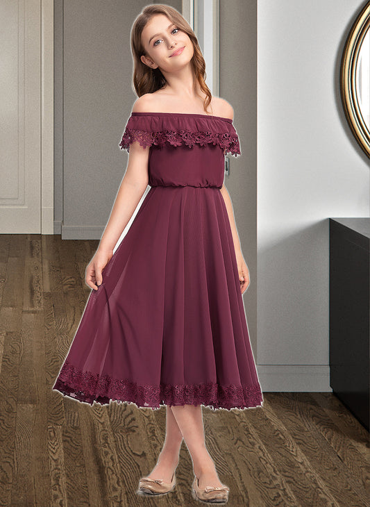 Averi A-Line Off-the-Shoulder Tea-Length Chiffon Lace Junior Bridesmaid Dress PP6P0013505