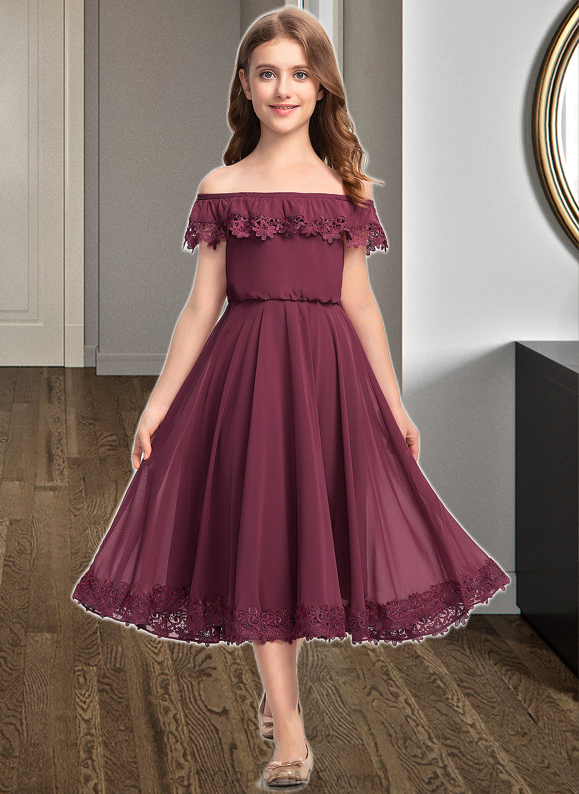 Averi A-Line Off-the-Shoulder Tea-Length Chiffon Lace Junior Bridesmaid Dress PP6P0013505