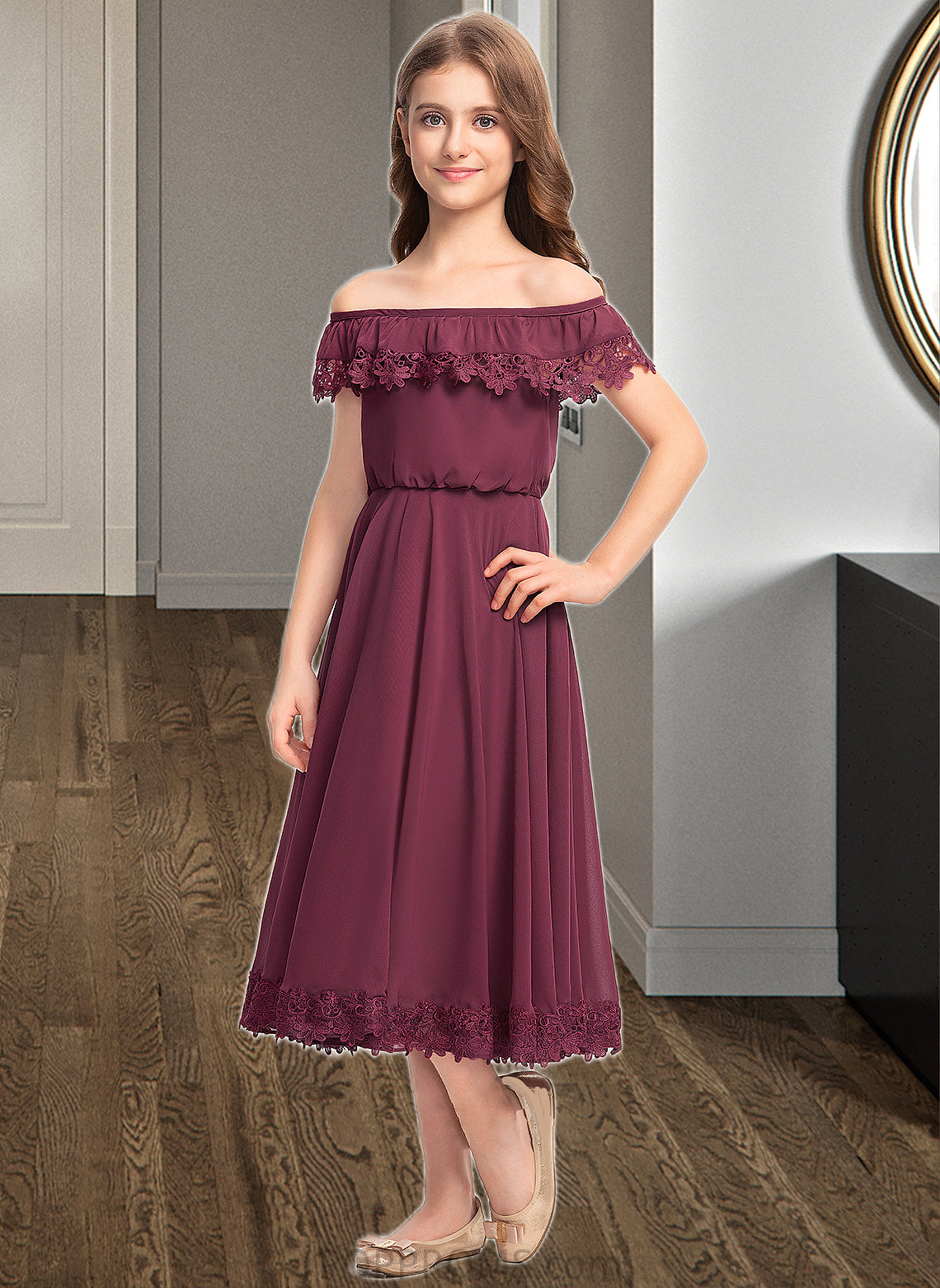 Averi A-Line Off-the-Shoulder Tea-Length Chiffon Lace Junior Bridesmaid Dress PP6P0013505