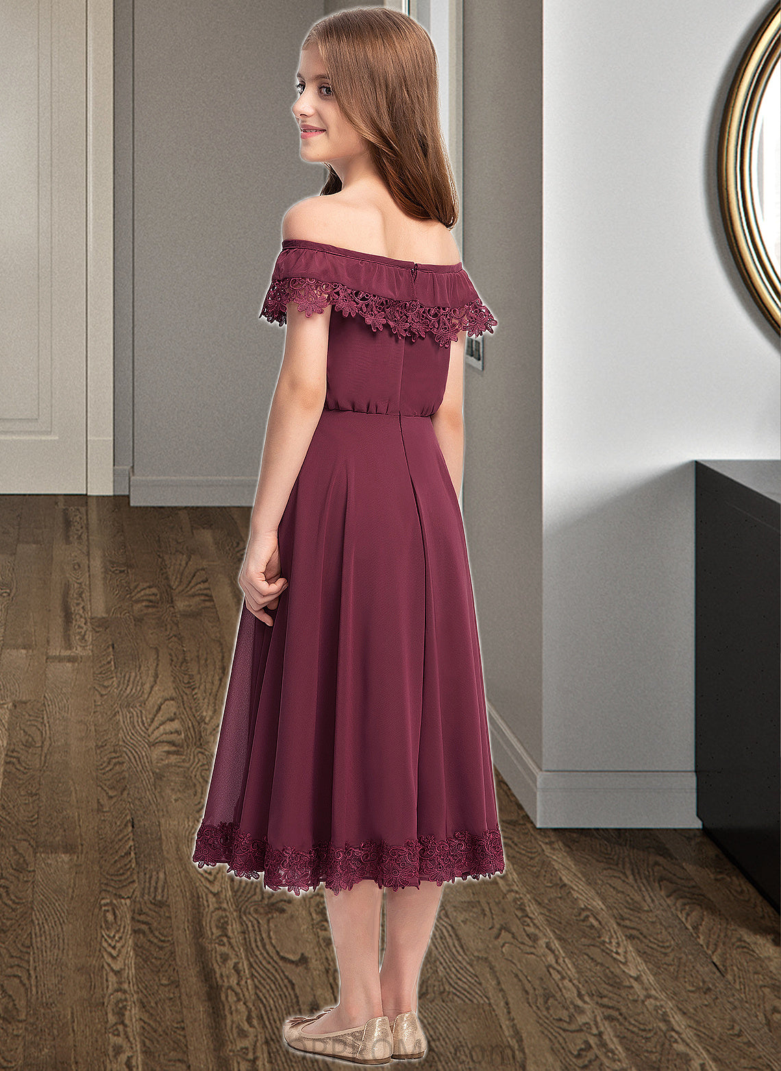 Averi A-Line Off-the-Shoulder Tea-Length Chiffon Lace Junior Bridesmaid Dress PP6P0013505