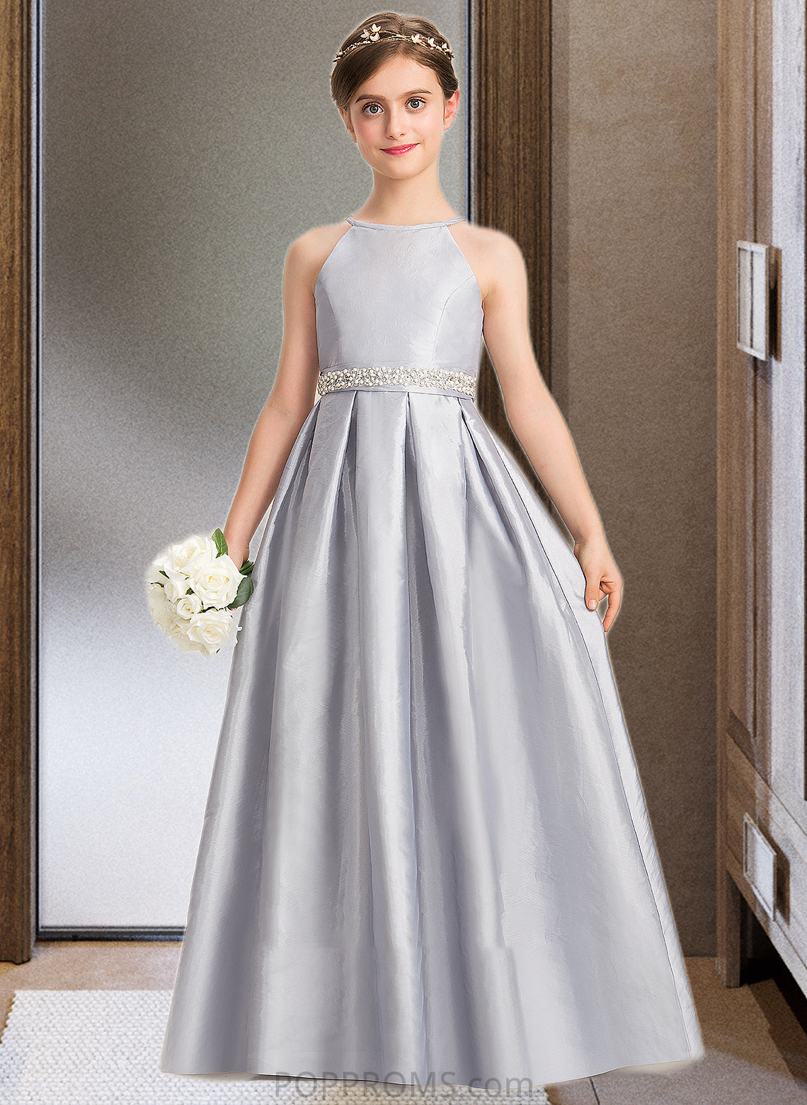 Katelyn A-Line Scoop Neck Floor-Length Taffeta Junior Bridesmaid Dress With Beading Bow(s) PP6P0013506