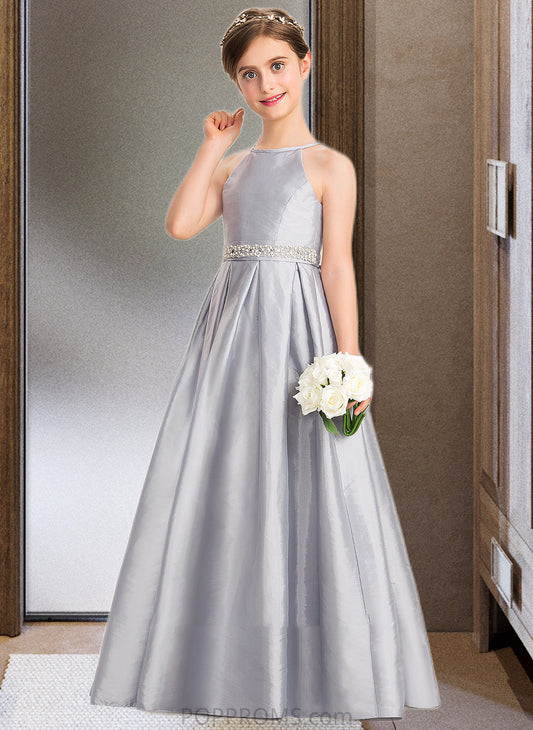 Katelyn A-Line Scoop Neck Floor-Length Taffeta Junior Bridesmaid Dress With Beading Bow(s) PP6P0013506