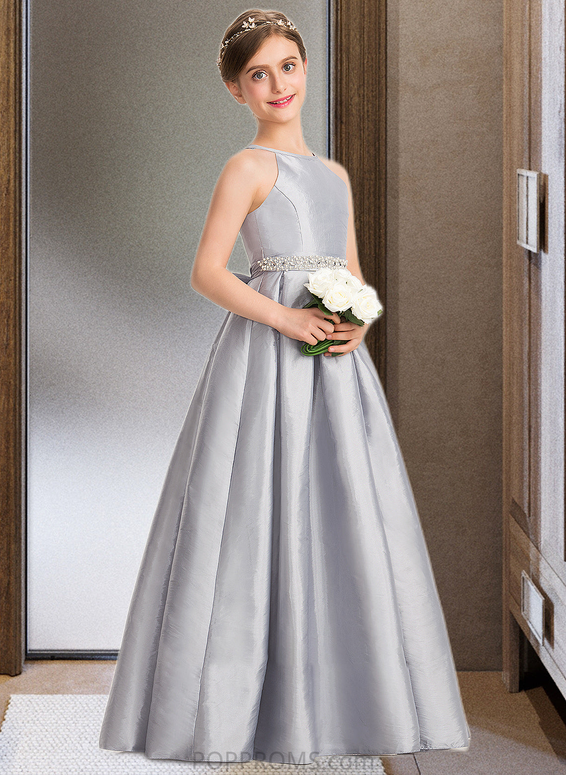 Katelyn A-Line Scoop Neck Floor-Length Taffeta Junior Bridesmaid Dress With Beading Bow(s) PP6P0013506