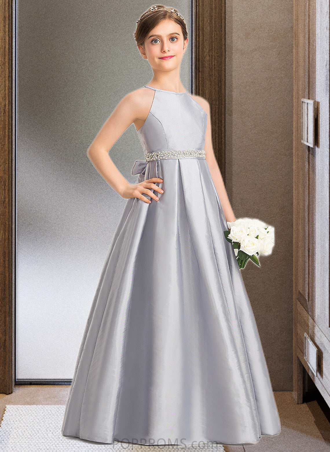 Katelyn A-Line Scoop Neck Floor-Length Taffeta Junior Bridesmaid Dress With Beading Bow(s) PP6P0013506