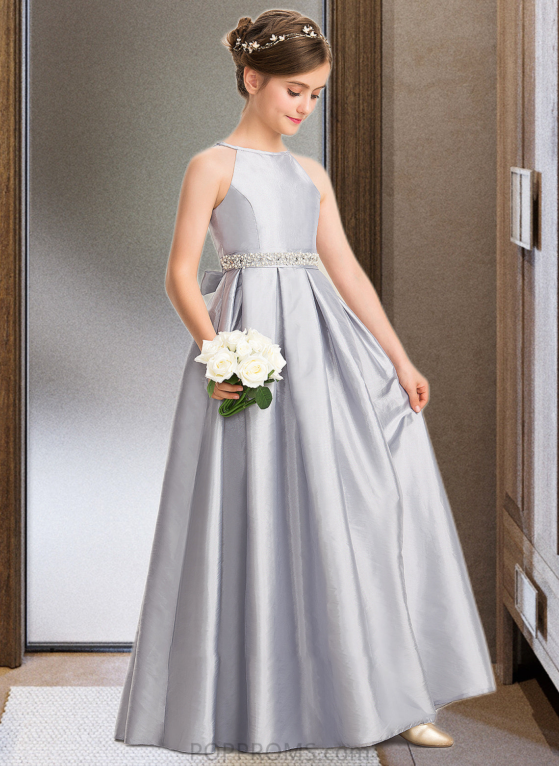 Katelyn A-Line Scoop Neck Floor-Length Taffeta Junior Bridesmaid Dress With Beading Bow(s) PP6P0013506