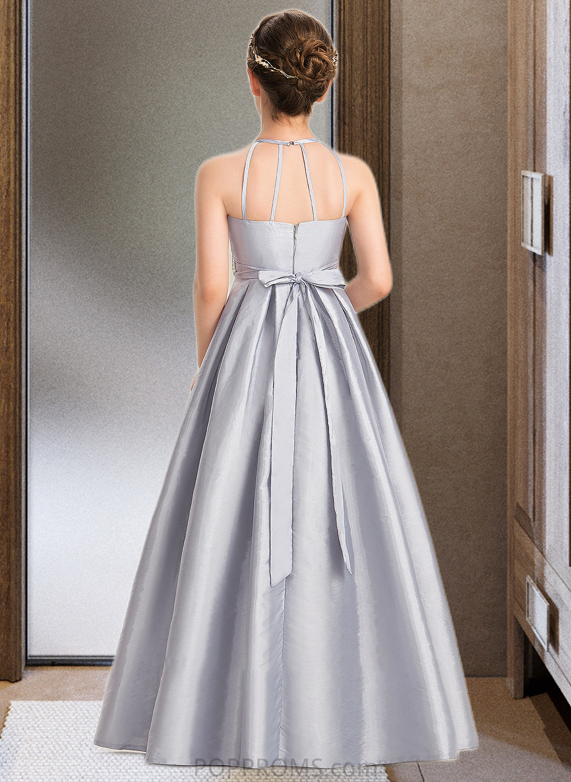 Katelyn A-Line Scoop Neck Floor-Length Taffeta Junior Bridesmaid Dress With Beading Bow(s) PP6P0013506