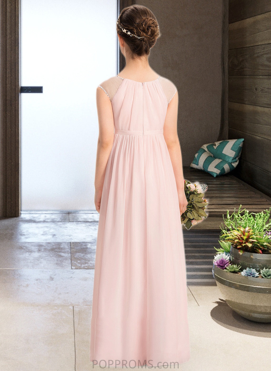 Elisabeth A-Line Scoop Neck Floor-Length Chiffon Junior Bridesmaid Dress With Beading Sequins PP6P0013507