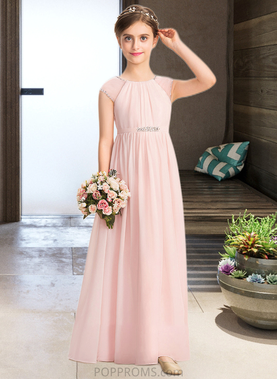 Elisabeth A-Line Scoop Neck Floor-Length Chiffon Junior Bridesmaid Dress With Beading Sequins PP6P0013507