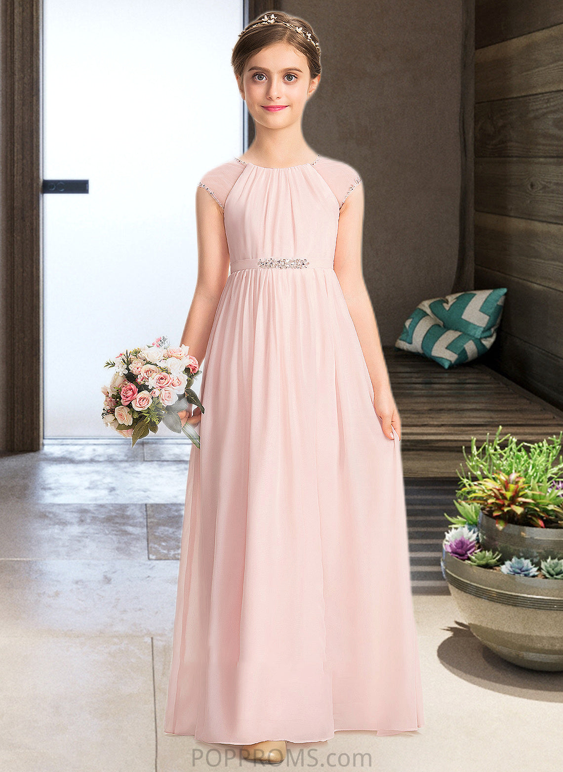 Elisabeth A-Line Scoop Neck Floor-Length Chiffon Junior Bridesmaid Dress With Beading Sequins PP6P0013507