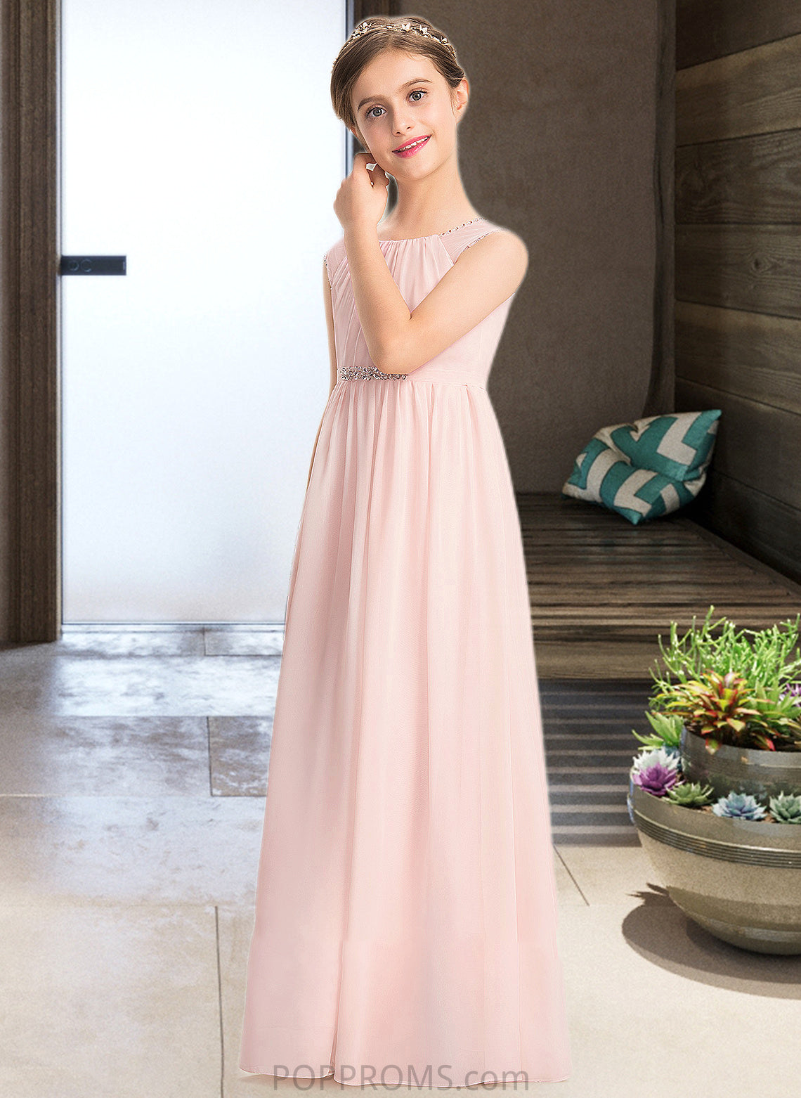 Elisabeth A-Line Scoop Neck Floor-Length Chiffon Junior Bridesmaid Dress With Beading Sequins PP6P0013507