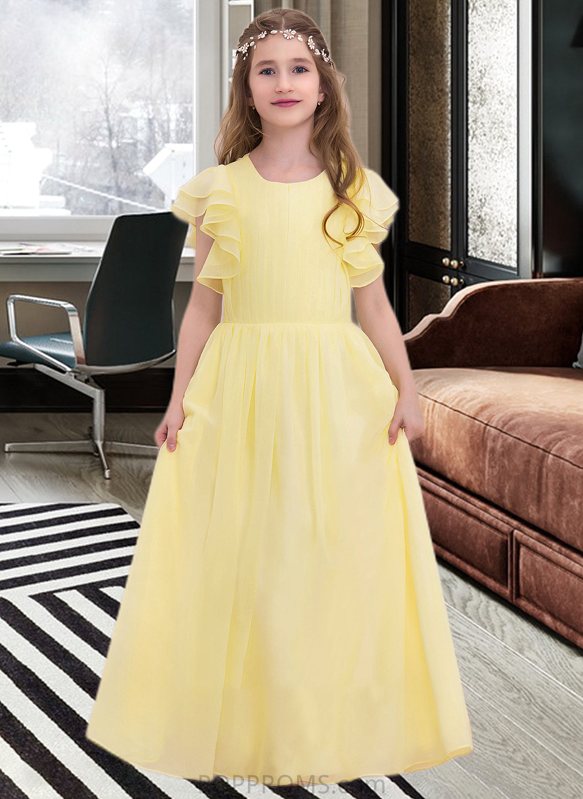 Laila A-LineScoopNeckFloor-LengthChiffonJuniorBridesmaidDressWithRuffleCascadingRuffles#123850 PP6P0013508