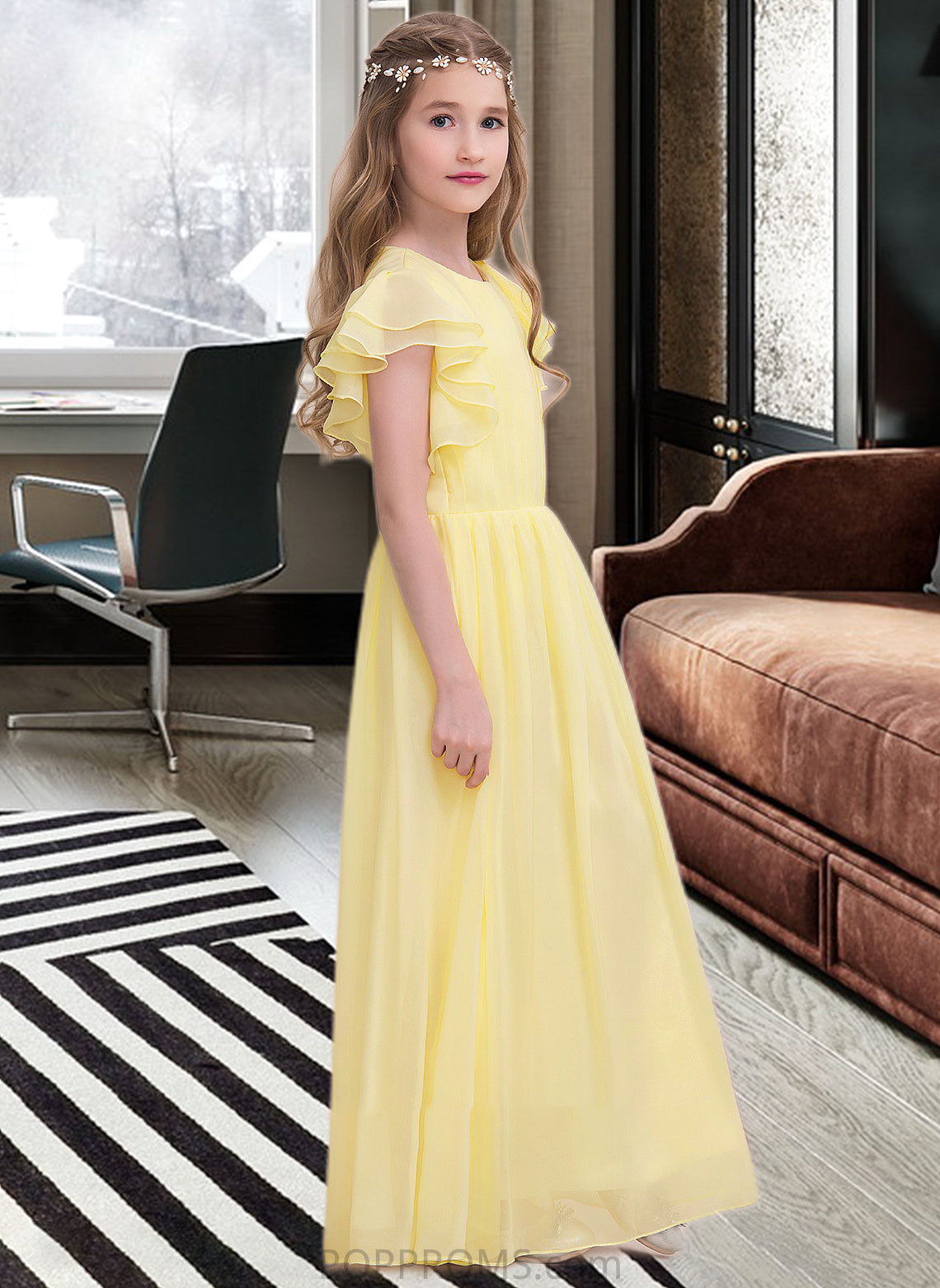 Laila A-LineScoopNeckFloor-LengthChiffonJuniorBridesmaidDressWithRuffleCascadingRuffles#123850 PP6P0013508