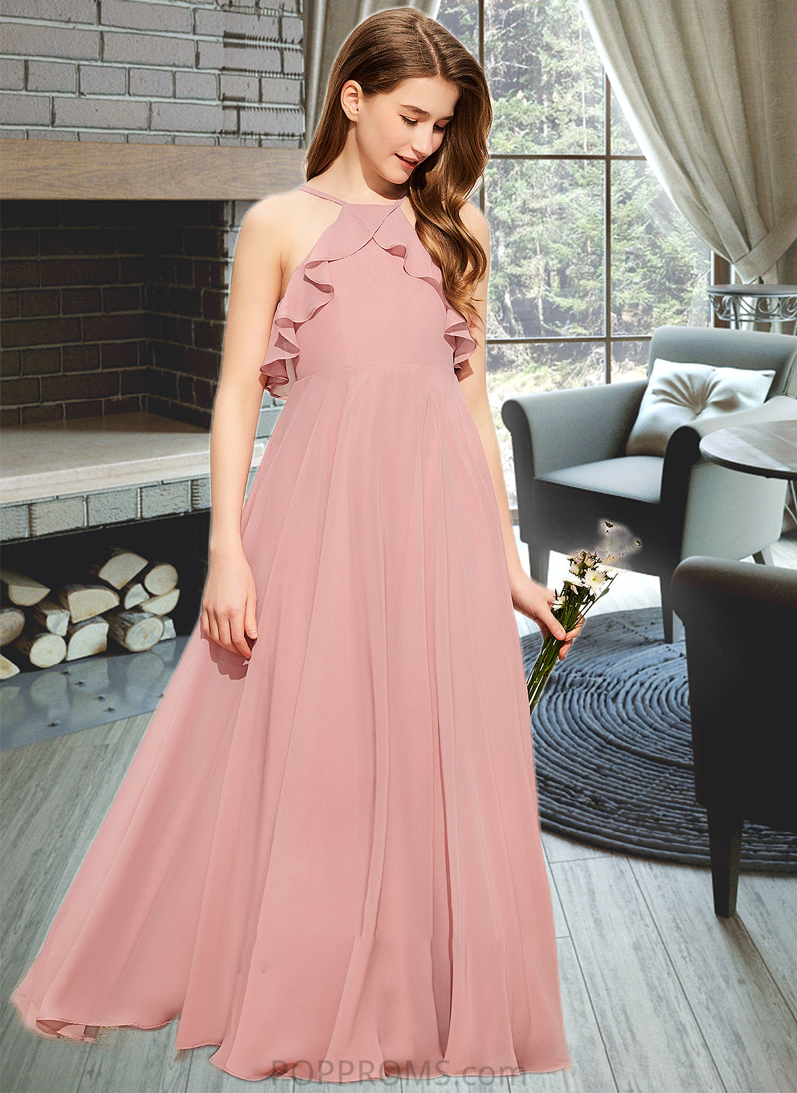 Peggie A-Line Square Neckline Floor-Length Chiffon Junior Bridesmaid Dress With Cascading Ruffles PP6P0013509