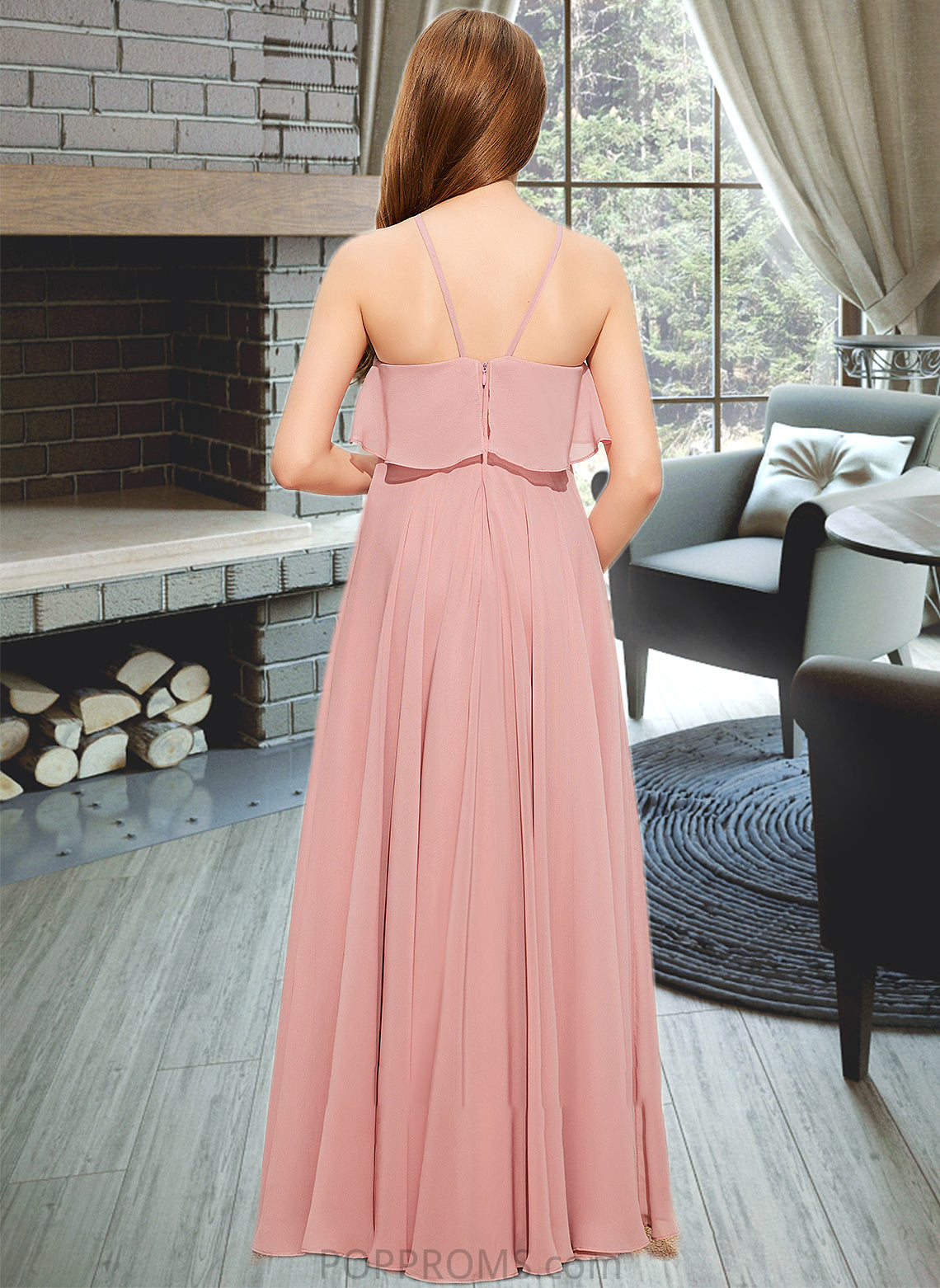 Peggie A-Line Square Neckline Floor-Length Chiffon Junior Bridesmaid Dress With Cascading Ruffles PP6P0013509