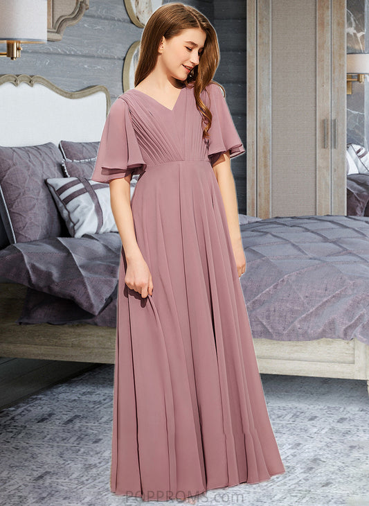 Amiah A-Line V-neck Floor-Length Chiffon Junior Bridesmaid Dress With Ruffle PP6P0013510