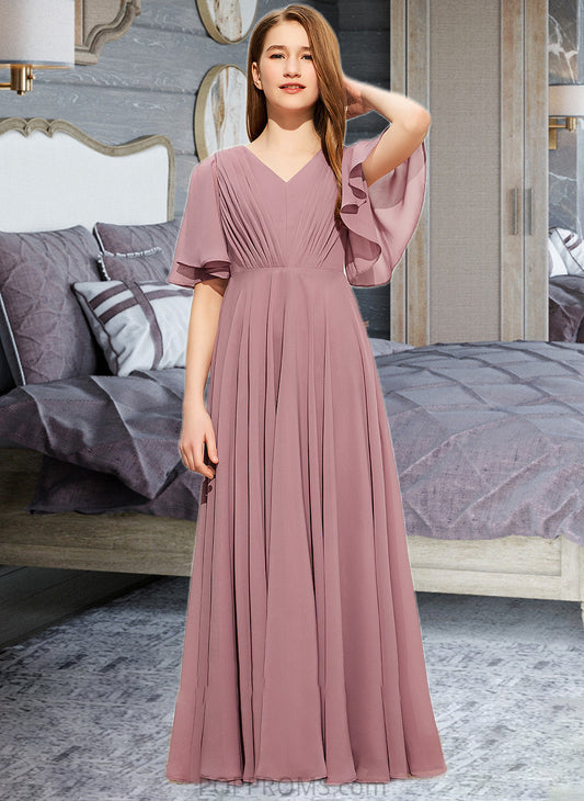 Amiah A-Line V-neck Floor-Length Chiffon Junior Bridesmaid Dress With Ruffle PP6P0013510