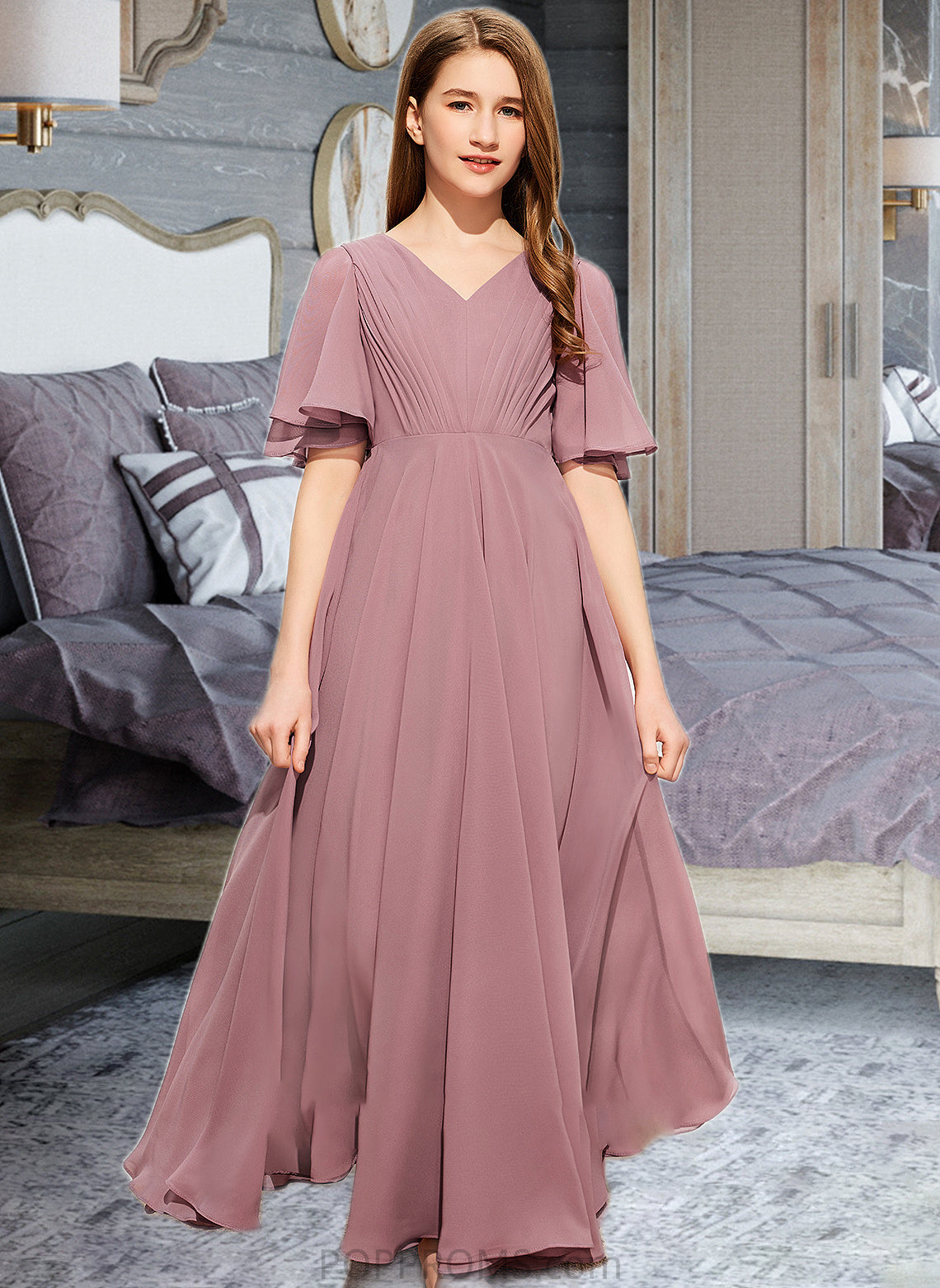 Amiah A-Line V-neck Floor-Length Chiffon Junior Bridesmaid Dress With Ruffle PP6P0013510