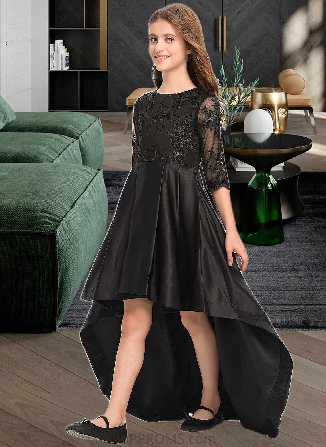 Lilyana A-Line Scoop Neck Asymmetrical Satin Lace Junior Bridesmaid Dress With Ruffle PP6P0013511