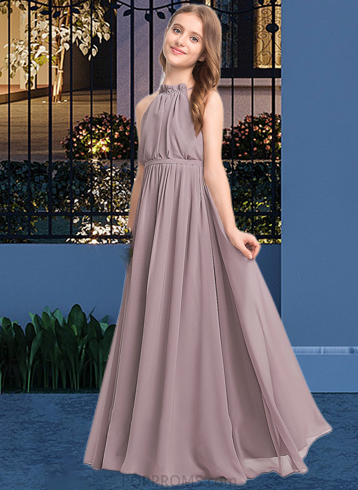 Gia A-Line High Neck Floor-Length Chiffon Junior Bridesmaid Dress With Bow(s) Cascading Ruffles PP6P0013512