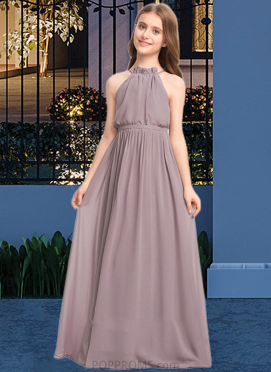 Gia A-Line High Neck Floor-Length Chiffon Junior Bridesmaid Dress With Bow(s) Cascading Ruffles PP6P0013512