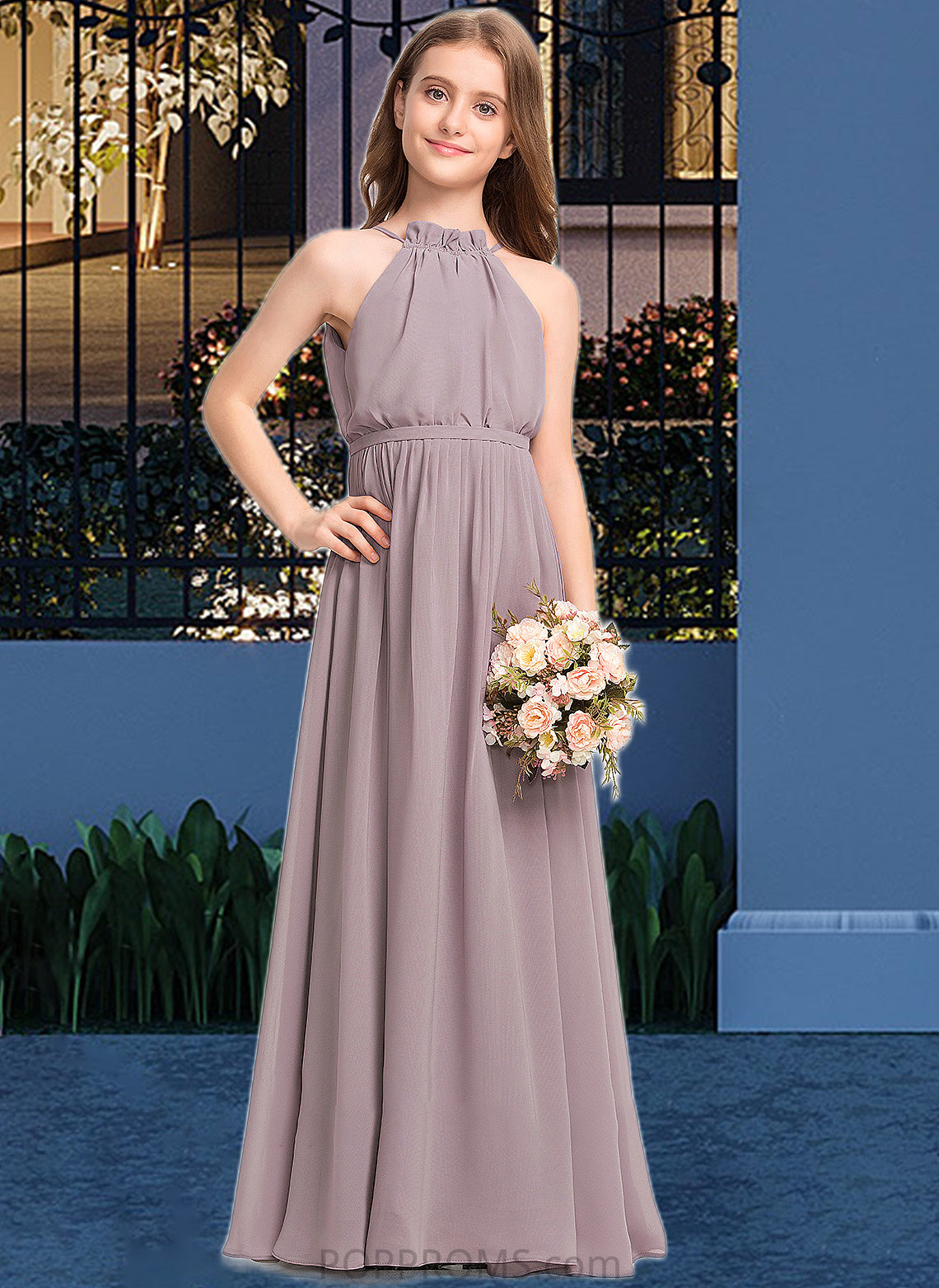 Gia A-Line High Neck Floor-Length Chiffon Junior Bridesmaid Dress With Bow(s) Cascading Ruffles PP6P0013512