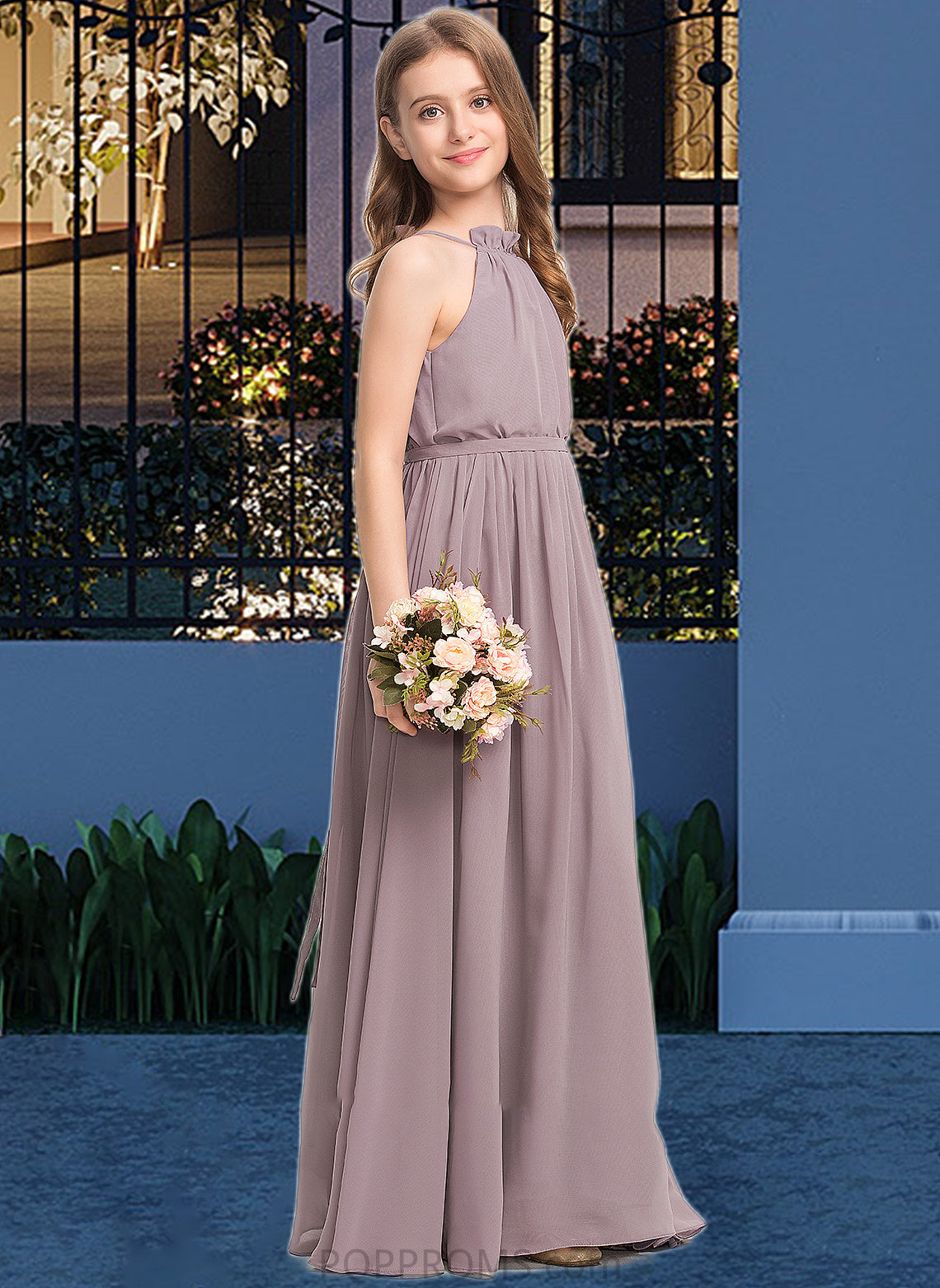 Gia A-Line High Neck Floor-Length Chiffon Junior Bridesmaid Dress With Bow(s) Cascading Ruffles PP6P0013512