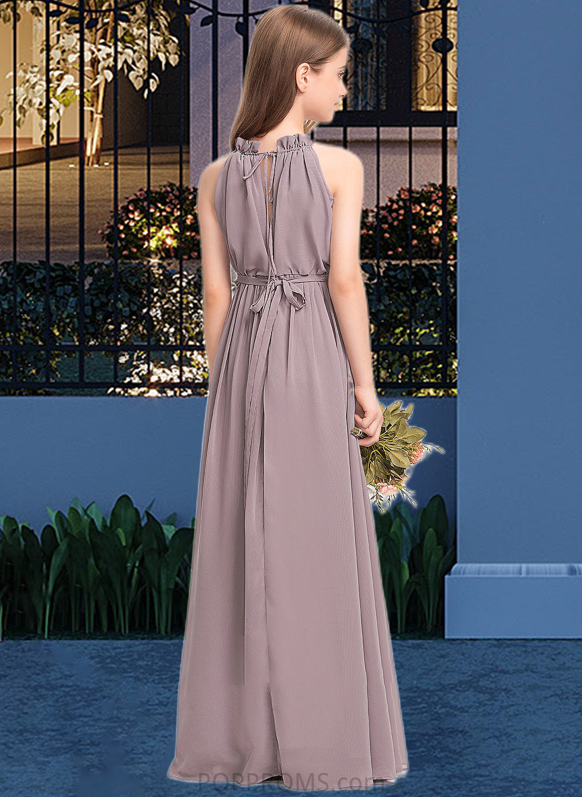 Gia A-Line High Neck Floor-Length Chiffon Junior Bridesmaid Dress With Bow(s) Cascading Ruffles PP6P0013512