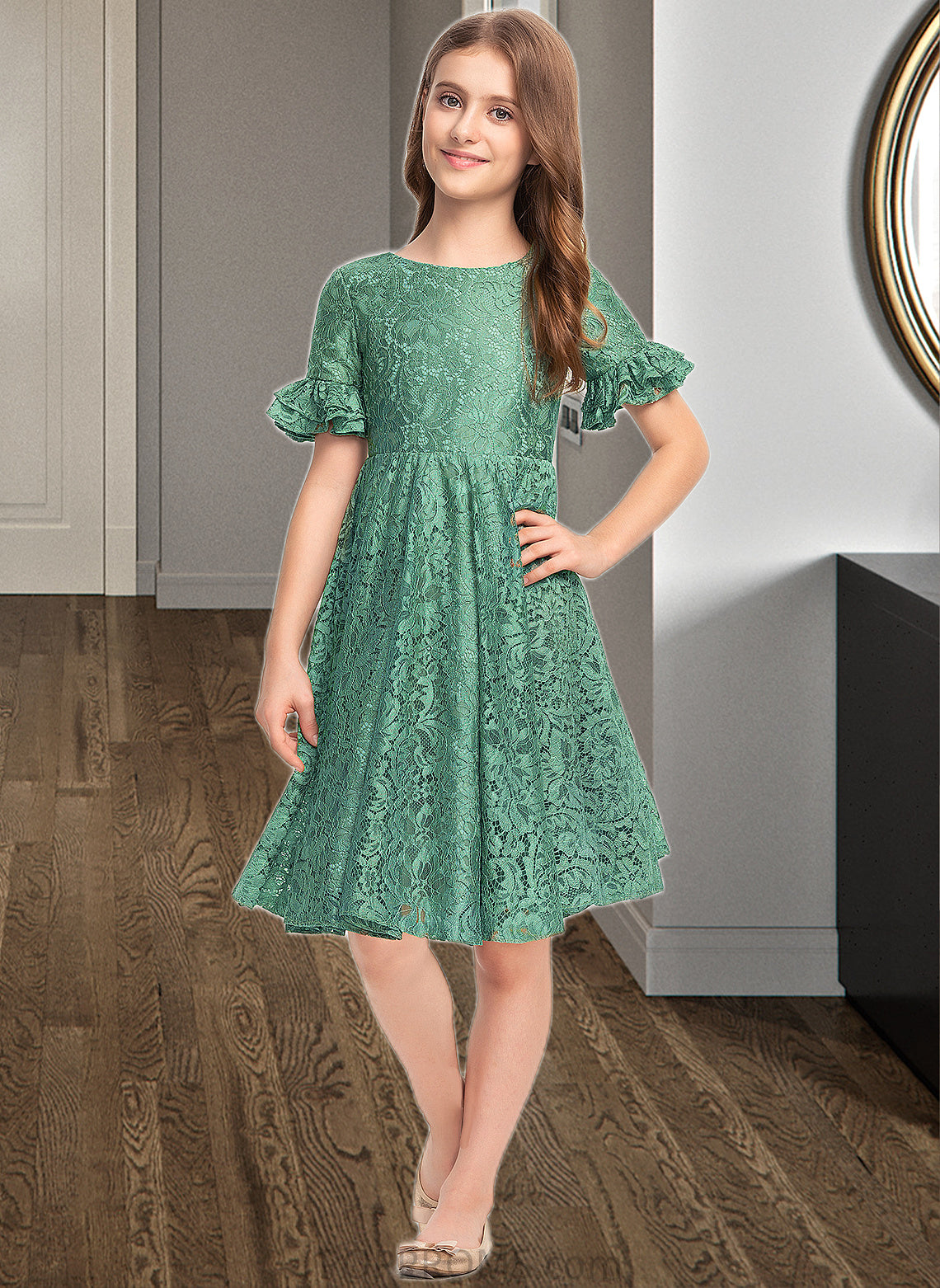 Laci A-Line Scoop Neck Knee-Length Lace Junior Bridesmaid Dress With Cascading Ruffles PP6P0013513