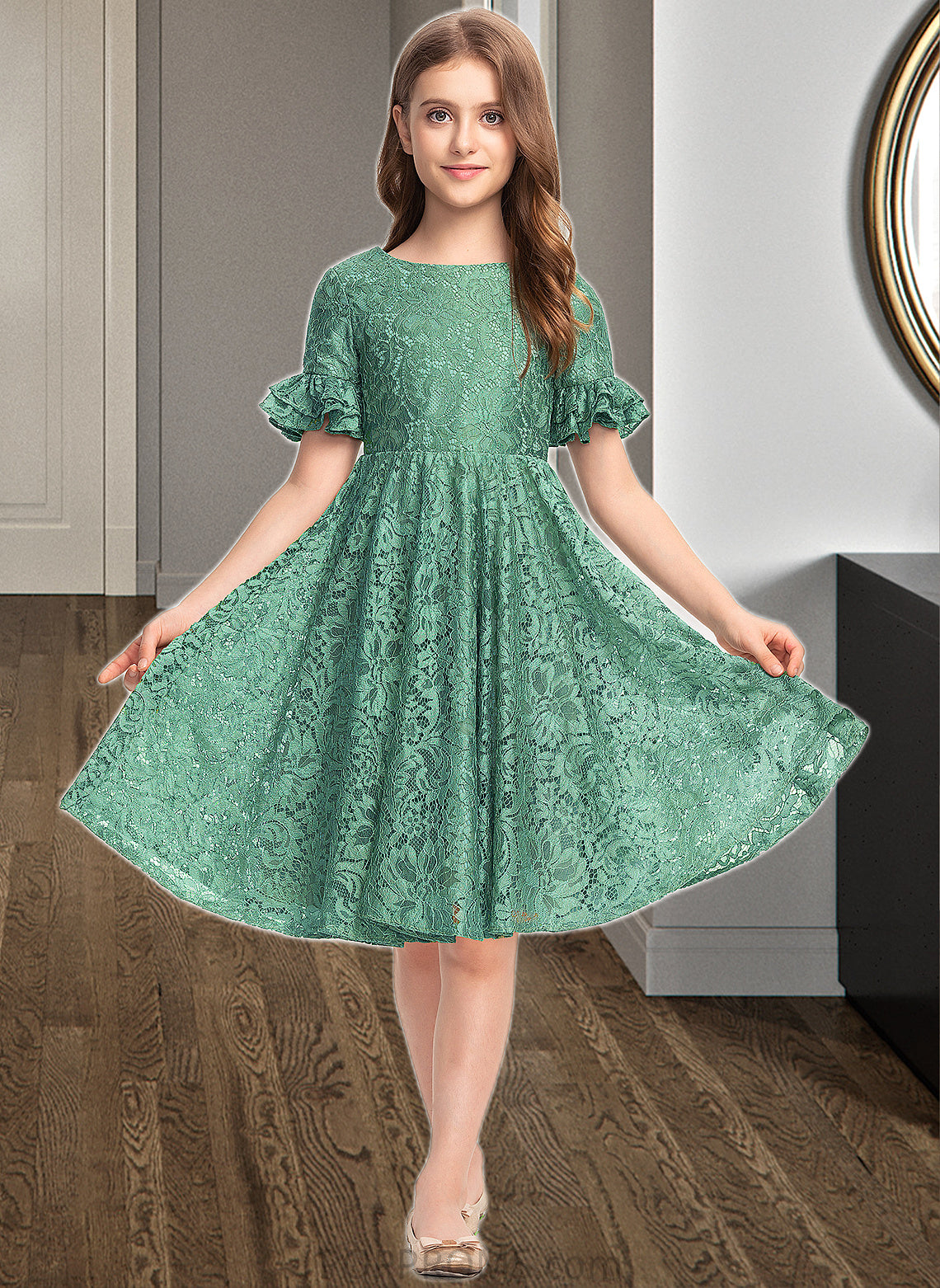 Laci A-Line Scoop Neck Knee-Length Lace Junior Bridesmaid Dress With Cascading Ruffles PP6P0013513