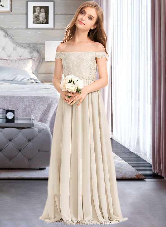 Coral A-Line Off-the-Shoulder Floor-Length Chiffon Lace Junior Bridesmaid Dress PP6P0013514