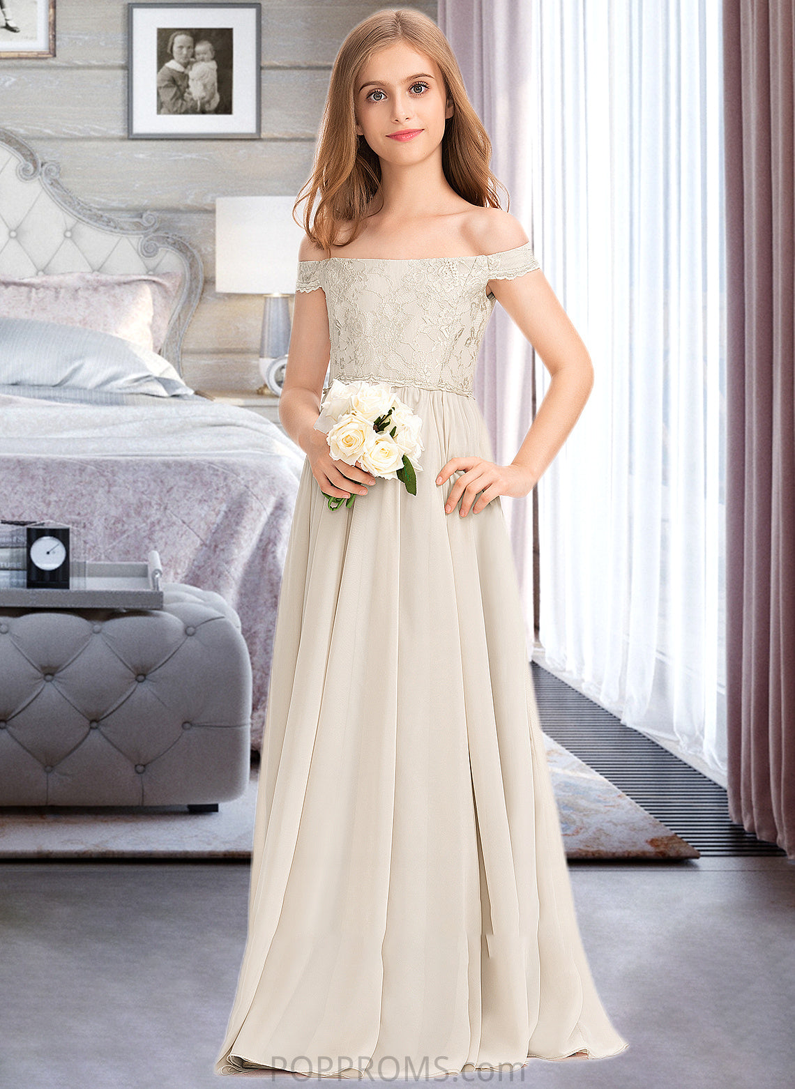 Coral A-Line Off-the-Shoulder Floor-Length Chiffon Lace Junior Bridesmaid Dress PP6P0013514