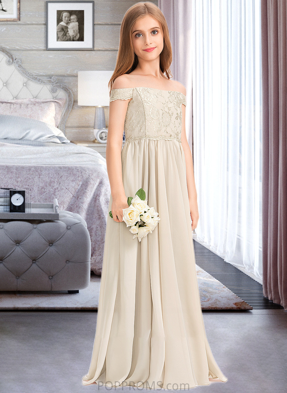 Coral A-Line Off-the-Shoulder Floor-Length Chiffon Lace Junior Bridesmaid Dress PP6P0013514