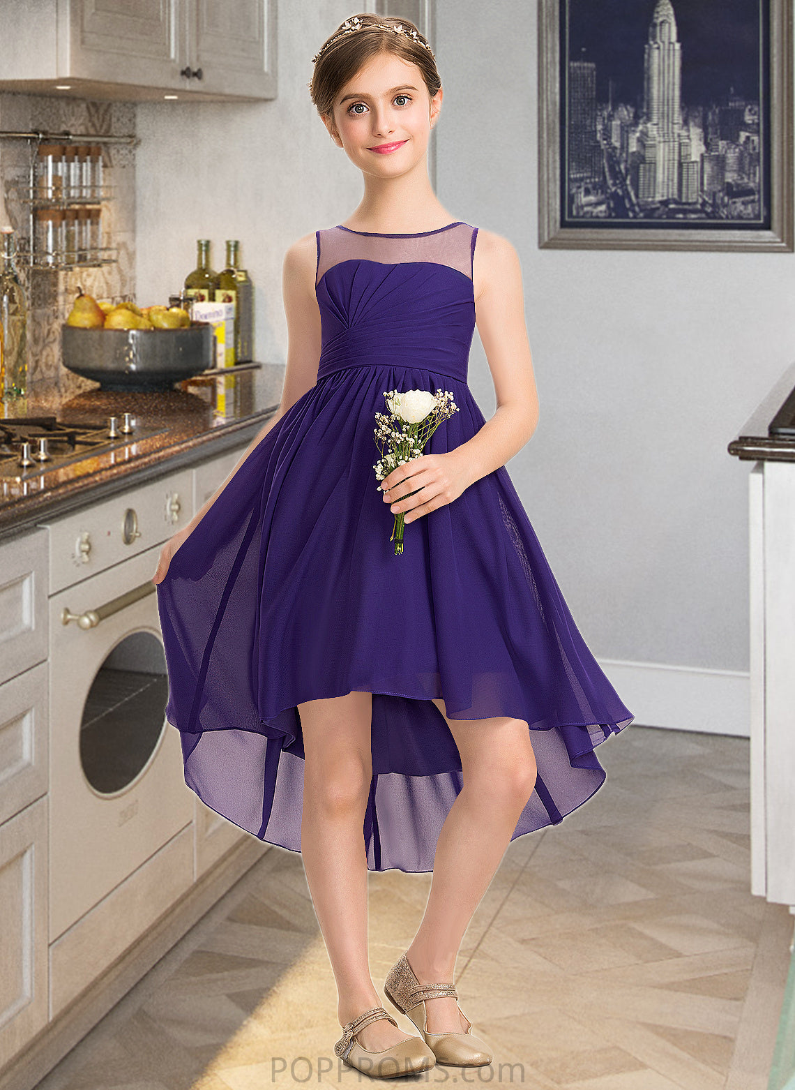 Autumn A-Line Scoop Neck Asymmetrical Chiffon Junior Bridesmaid Dress With Ruffle PP6P0013515