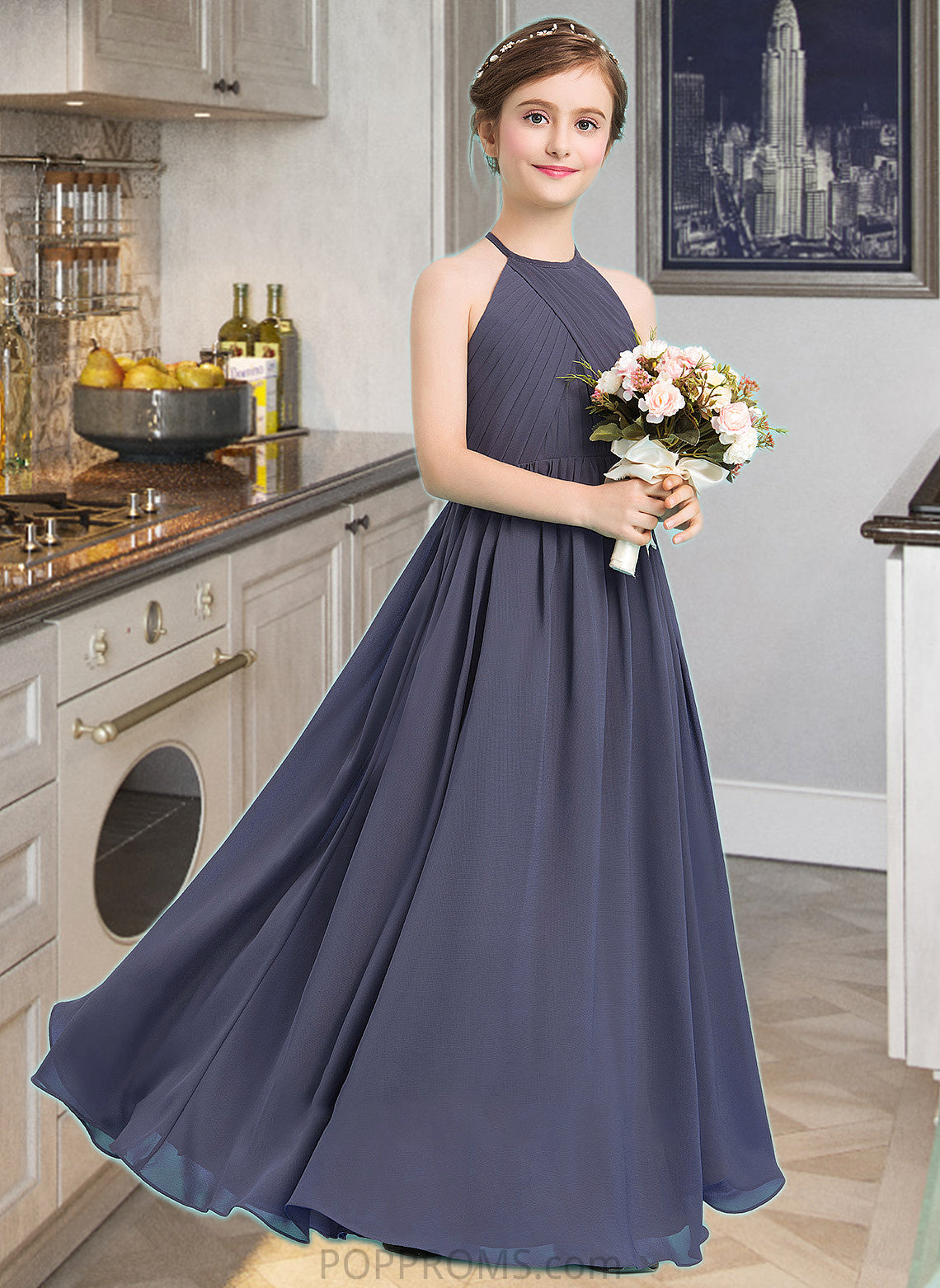 Kristina A-Line Scoop Neck Floor-Length Chiffon Junior Bridesmaid Dress With Ruffle PP6P0013516