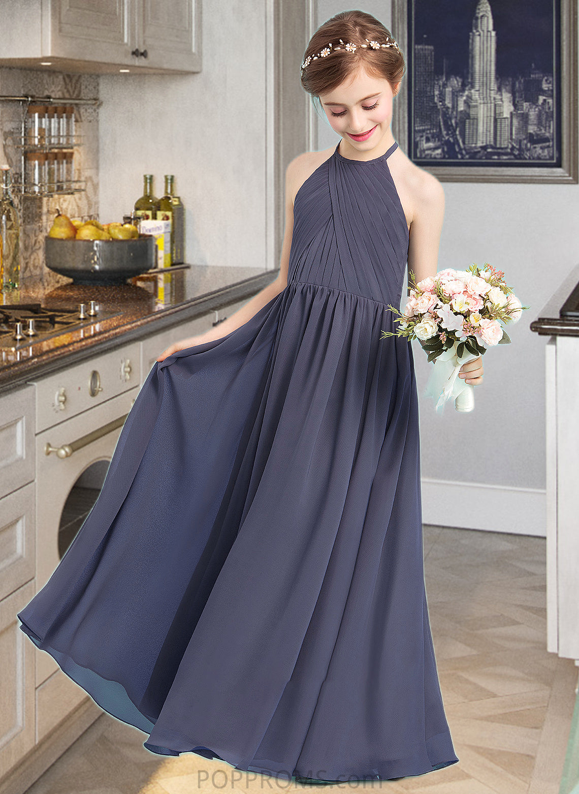 Kristina A-Line Scoop Neck Floor-Length Chiffon Junior Bridesmaid Dress With Ruffle PP6P0013516